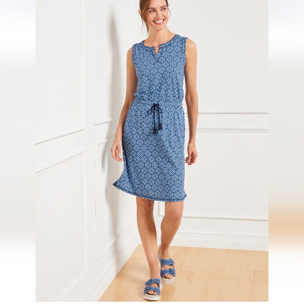 Talbots Blue Printed Sleeveless Tie-Waist Midi Dress